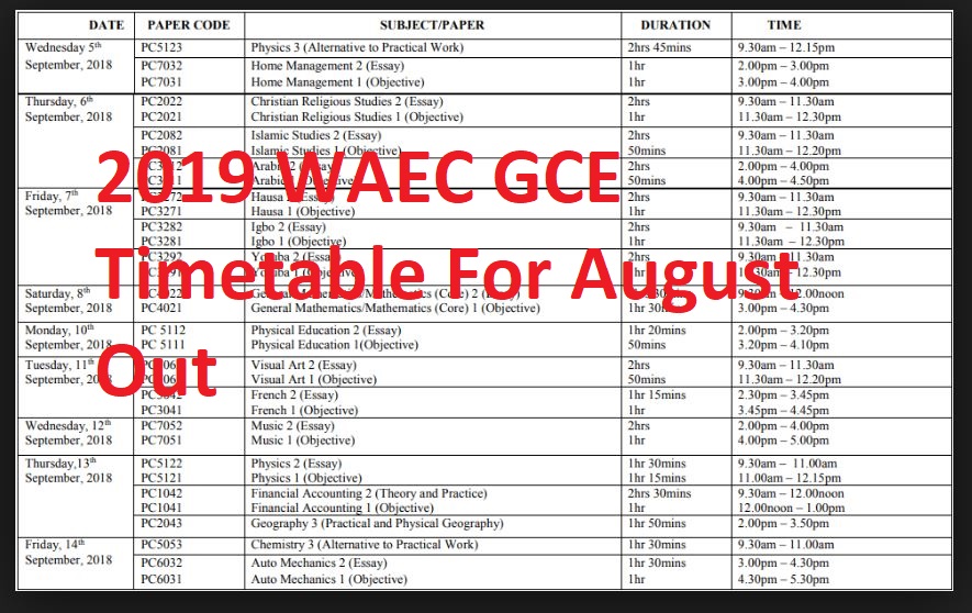 2019 WAEC GCE Timetable For August/September